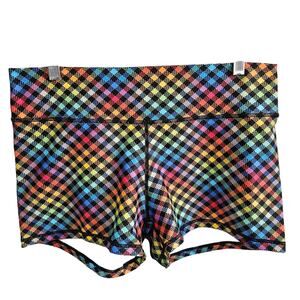Peachy Women's XL Serenity Squat Proof Shortie Shorts Rainbow Neon Checkered